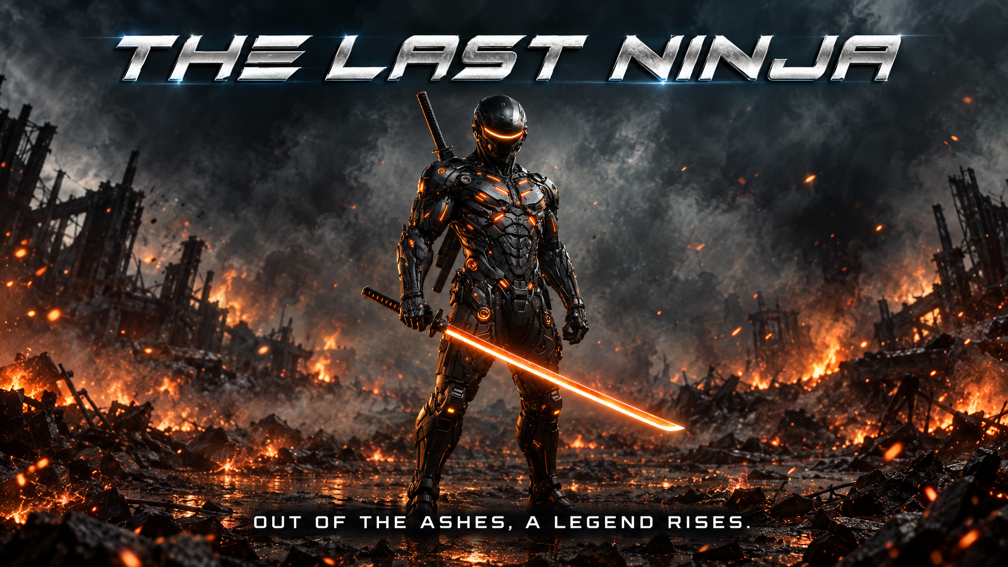 The Last Ninja widescreen concept artwork: Kai stands with a glowing sword amid the burning ruins of America