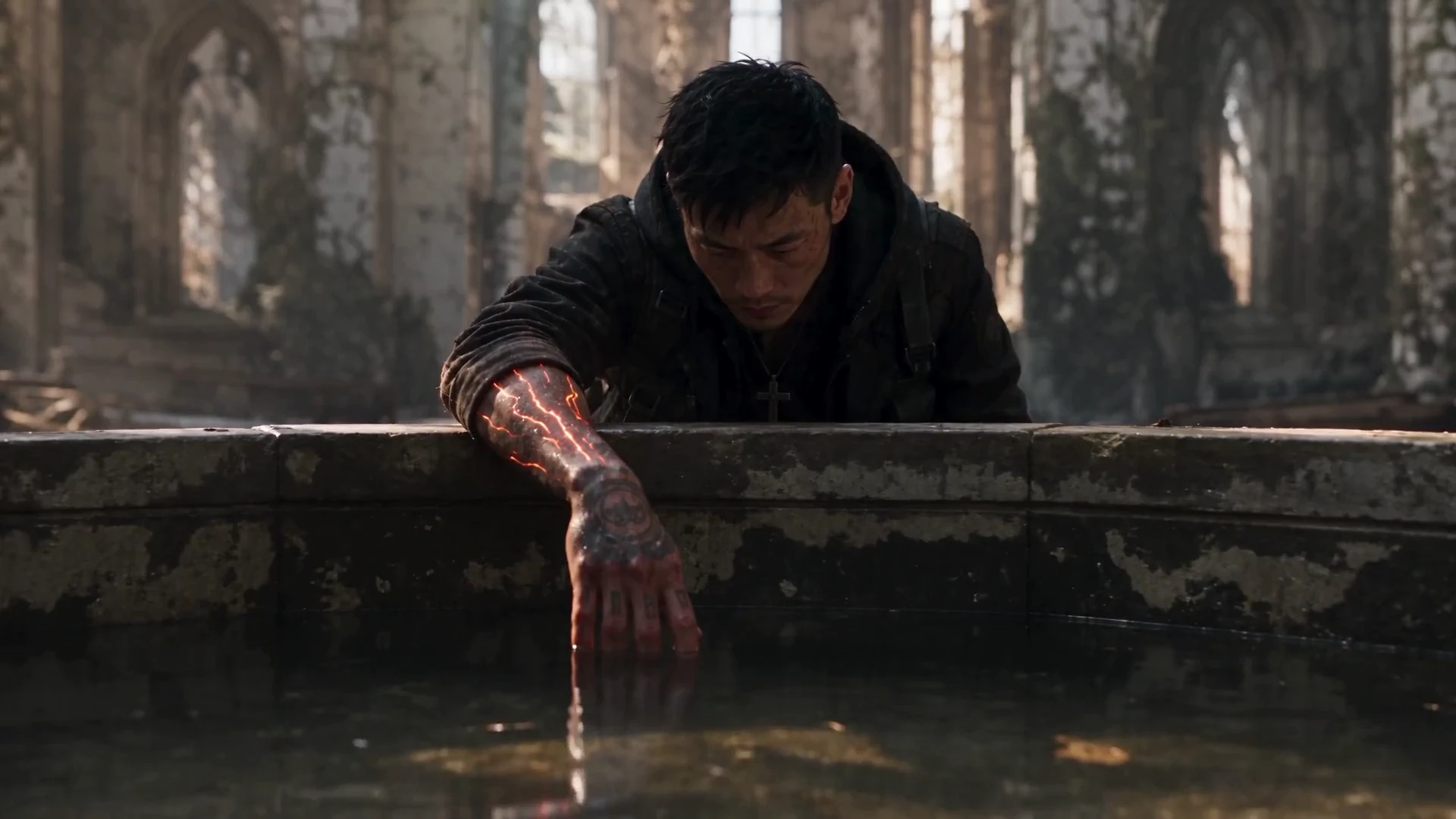 Kai reaches toward the water of an ancient fountain