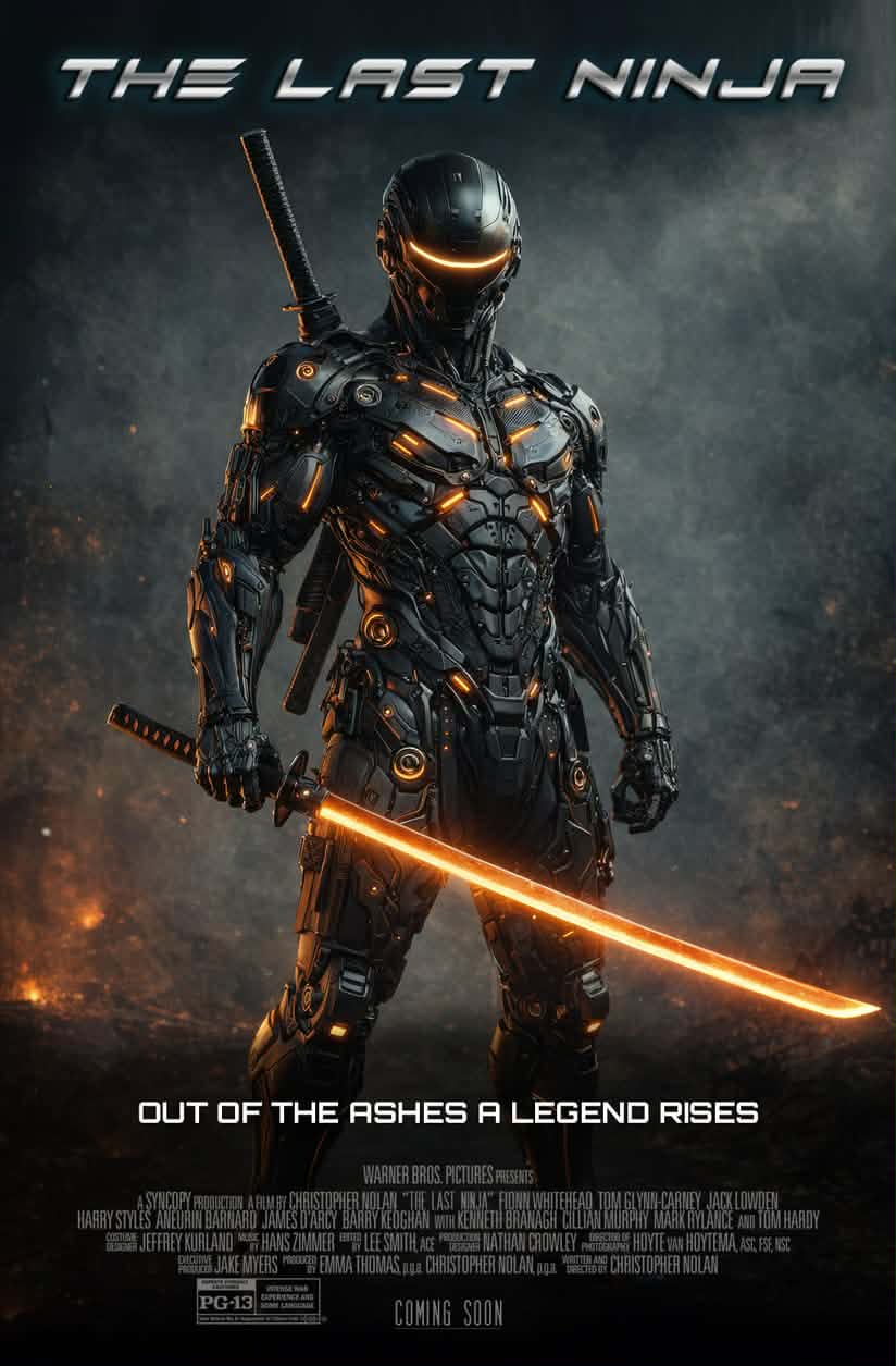 The Last Ninja concept artwork: Kai in black nano-armor with a glowing amber visor and katana